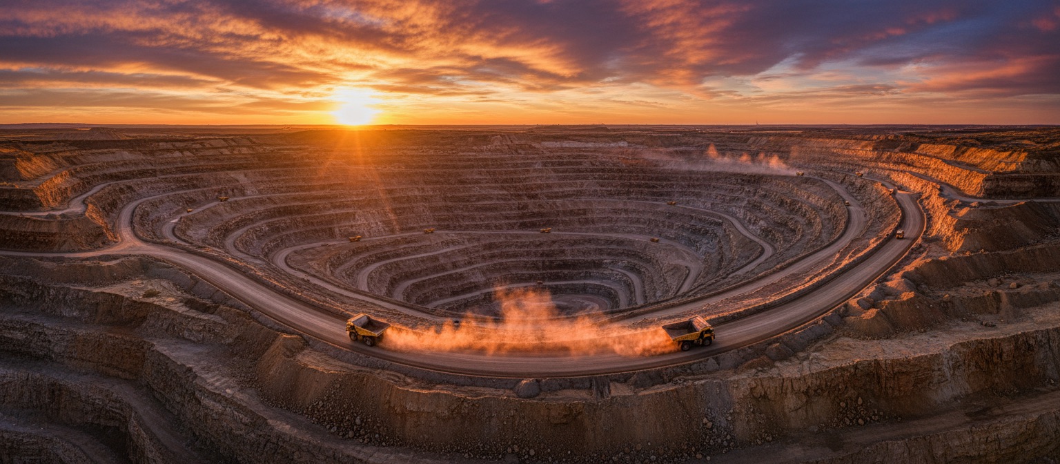 Aerial view of an open pit mine at golden hour