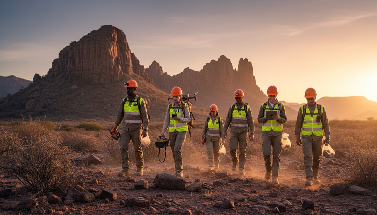Survey crew crossing rocky ground at sunset carrying field instruments and a drone