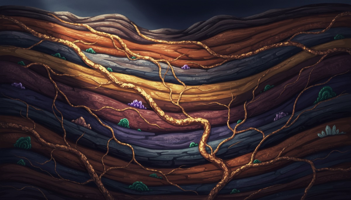 Illustrated cross-section of rock strata threaded with gold veins and gem pockets